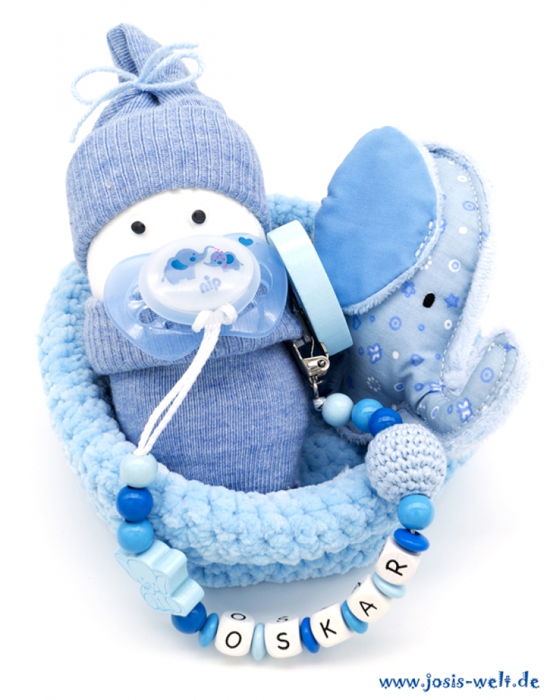 Babygeschenk "Windelbaby Boy" mit Kuschel-Elefant blau