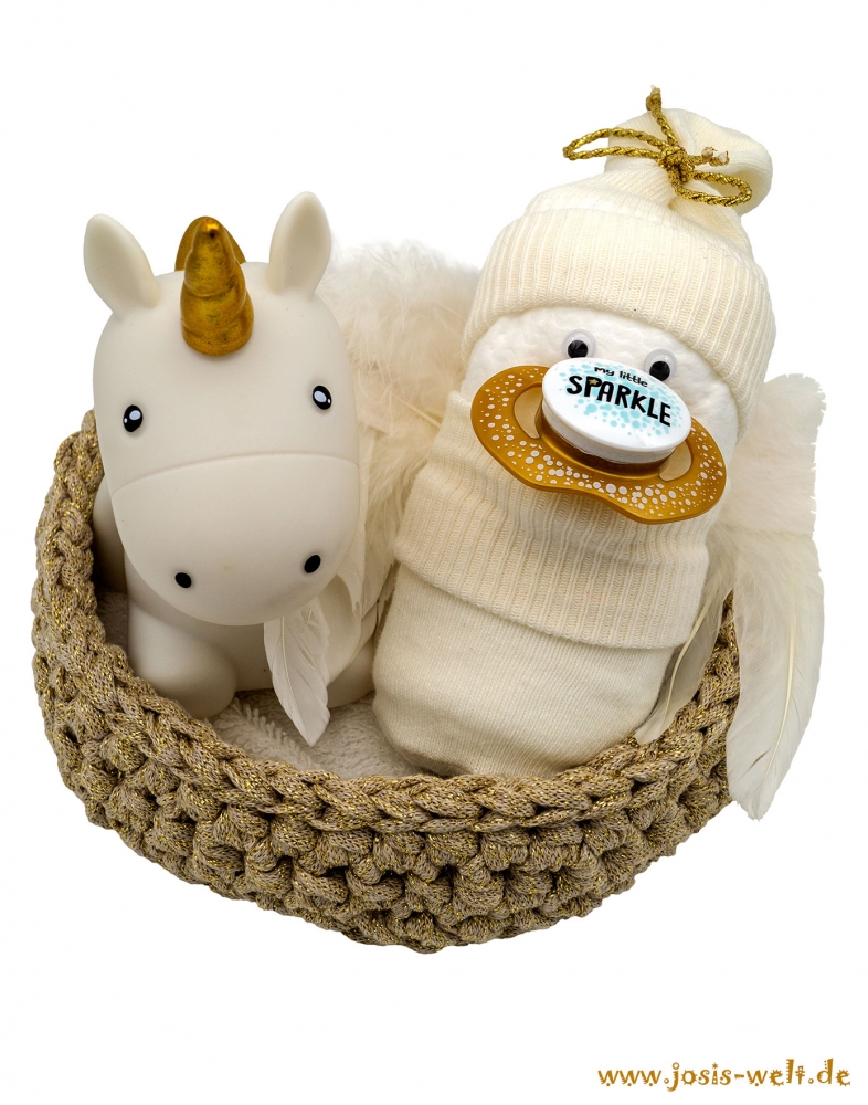 Babygeschenk Windelbaby Engel mit Einhorn Nachtlicht gold